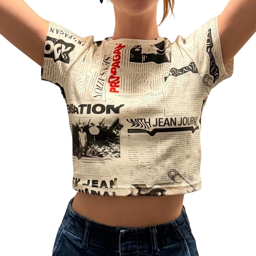 With Jéan Newspaper Print Baby Tee Crop Top Graphic Y2K Street Style Size S NWOT